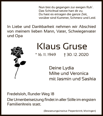 Traueranzeige von Klaus Gruse von HNA