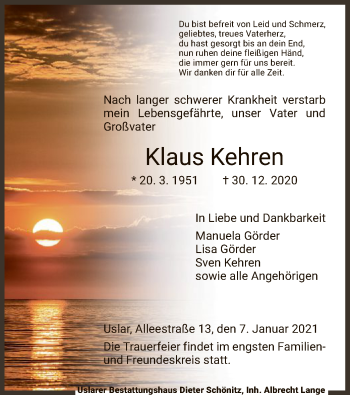 Traueranzeige von Klaus Kehren von HNA