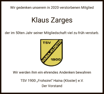 Traueranzeige von Klaus Zarges von HNA