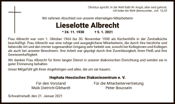 Traueranzeige von Lieselotte Albrecht von HNA