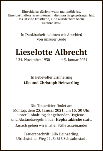 Traueranzeige von Lieselotte Albrecht von HNA