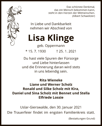 Traueranzeige von Lisa Klinge von HNA