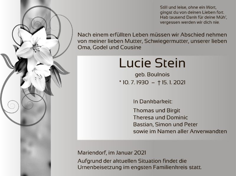  Traueranzeige für Lucie Stein vom 22.01.2021 aus HNA