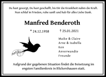 Traueranzeige von Manfred Benderoth von HNA