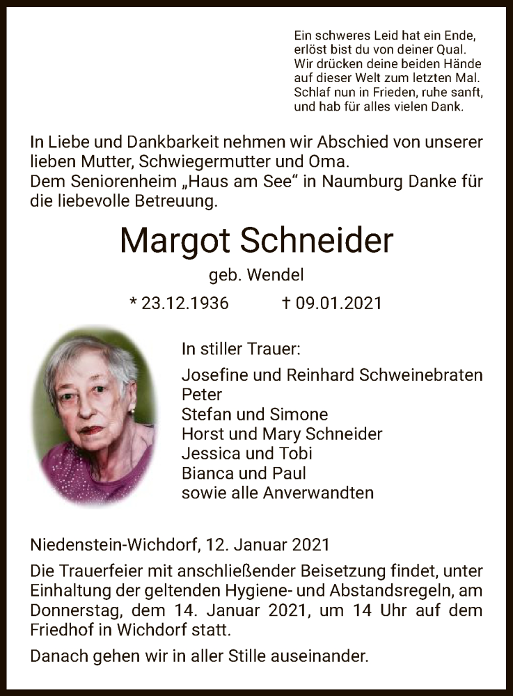  Traueranzeige für Margot Schneider vom 12.01.2021 aus HNA