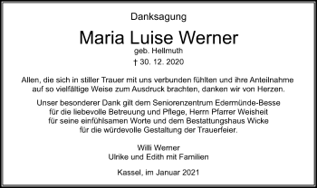 Traueranzeige von Maria Luise Werner von HNA