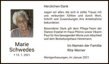 Traueranzeige von Marie Schwedes von HNA