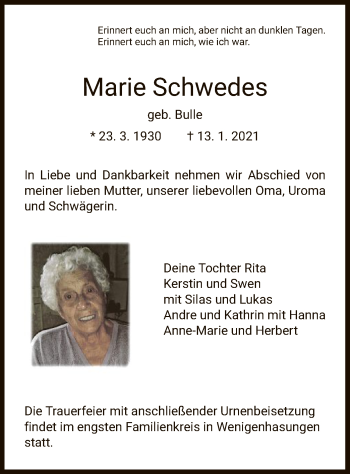 Traueranzeige von Marie Schwedes von HNA