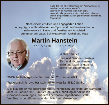 Traueranzeige von Martin Hanstein von HNA