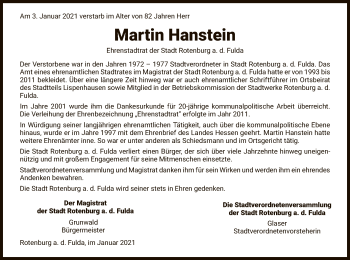 Traueranzeige von Martin Hanstein von HNA