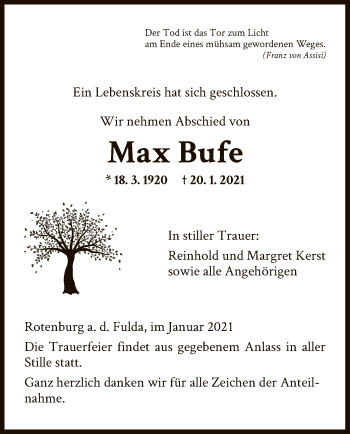 Traueranzeige von Max Bufe von HNA