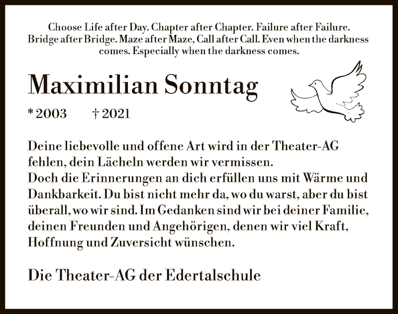  Traueranzeige für Maximilian Sonntag vom 30.01.2021 aus HNA