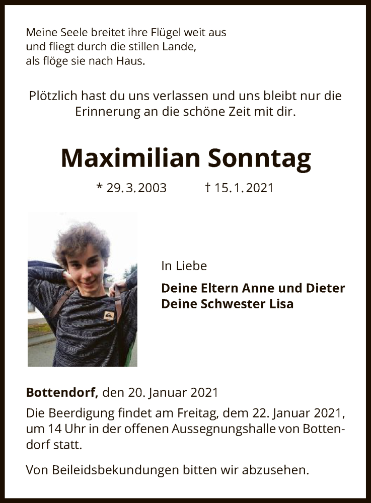  Traueranzeige für Maximilian Sonntag vom 20.01.2021 aus HNA
