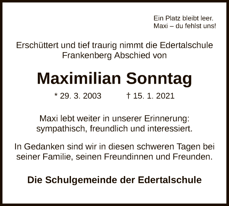  Traueranzeige für Maximilian Sonntag vom 28.01.2021 aus HNA