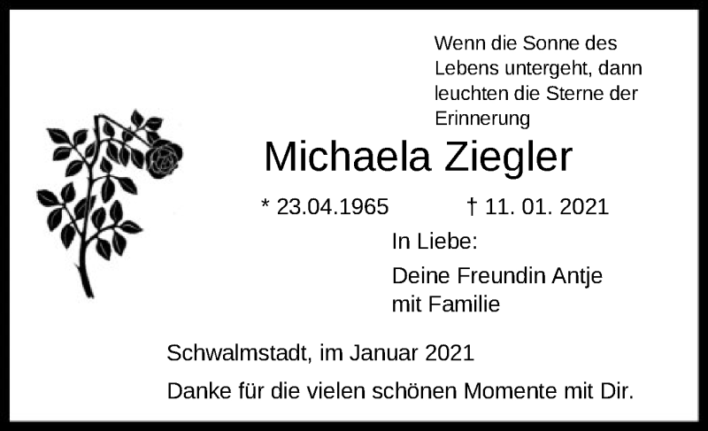 Traueranzeige für Michaela Ziegler vom 28.01.2021 aus HNA