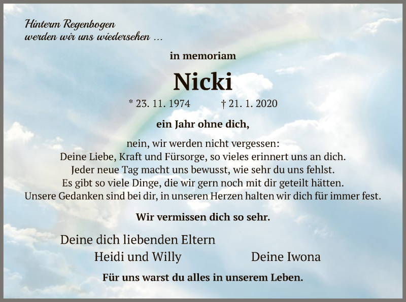  Traueranzeige für Nicki Engel vom 21.01.2021 aus HNA