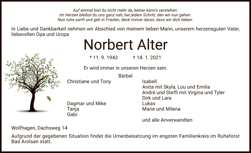 Traueranzeige für Norbert Alter vom 16.01.2021 aus HNA