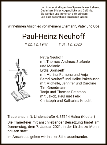 Traueranzeige von Paul-Heinz Neuhoff von HNA