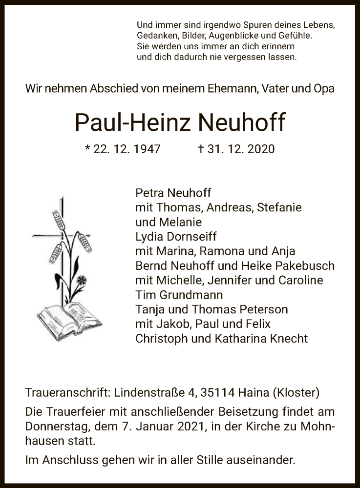  Traueranzeige für Paul-Heinz Neuhoff vom 06.01.2021 aus HNA