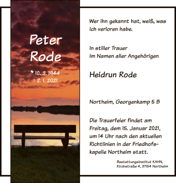 Traueranzeige von Peter Rode von HNA