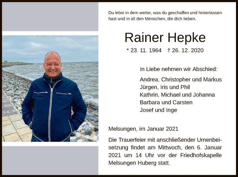  Traueranzeige für Rainer Hepke vom 02.01.2021 aus HNA