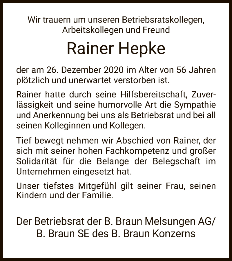  Traueranzeige für Rainer Hepke vom 02.01.2021 aus HNA
