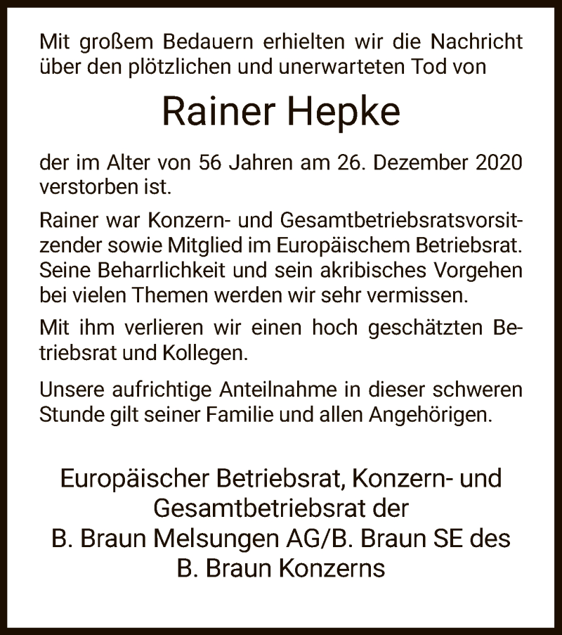  Traueranzeige für Rainer Hepke vom 02.01.2021 aus HNA