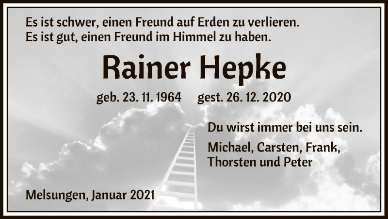  Traueranzeige für Rainer Hepke vom 02.01.2021 aus HNA
