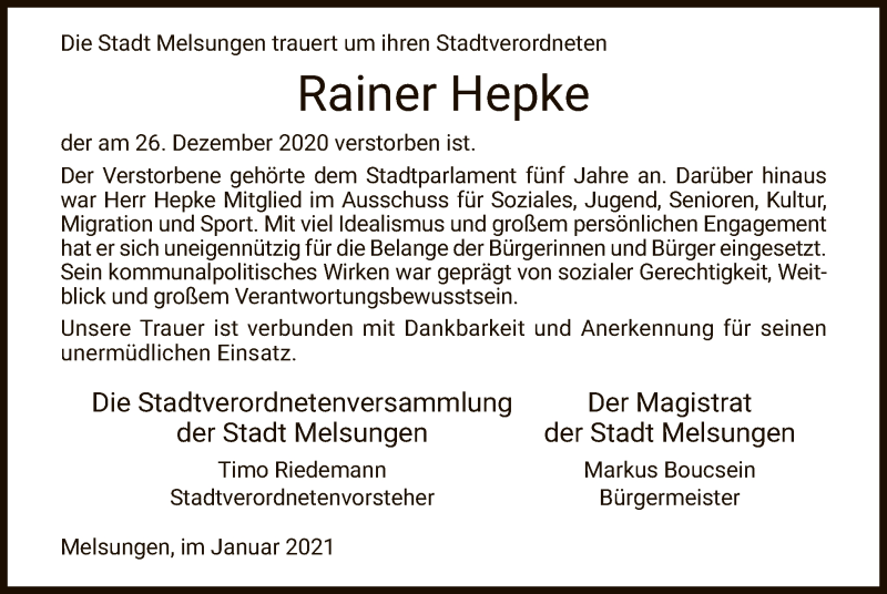  Traueranzeige für Rainer Hepke vom 05.01.2021 aus HNA