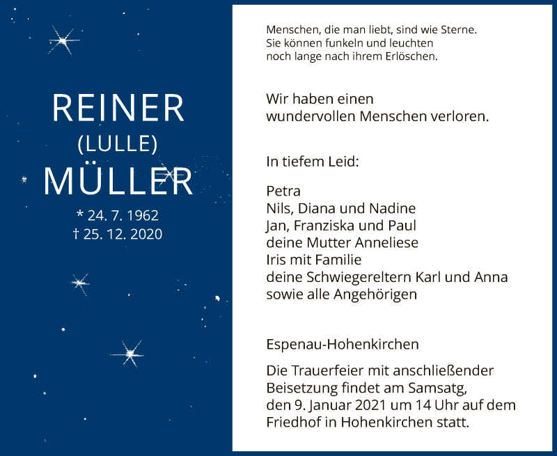  Traueranzeige für Reiner Müller vom 02.01.2021 aus HNA