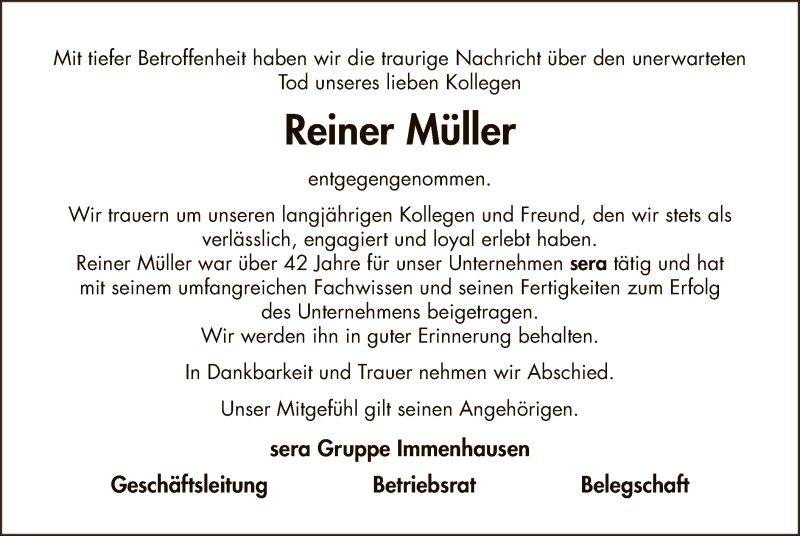  Traueranzeige für Reiner Müller vom 08.01.2021 aus HNA