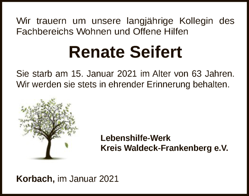  Traueranzeige für Renate Seifert vom 22.01.2021 aus WLZ