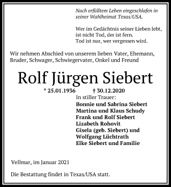 Traueranzeige von Rolf Jürgen Siebert von HNA