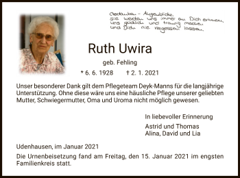 Traueranzeige von Ruth Uwira von HNA