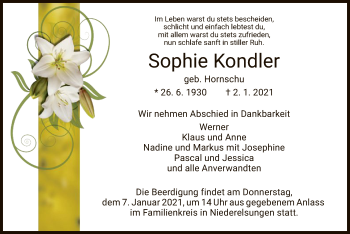 Traueranzeige von Sophie Kondler von HNA