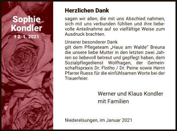 Traueranzeige von Sophie Kondler von HNA