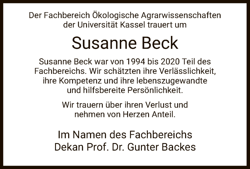  Traueranzeige für Susanne Beck vom 09.01.2021 aus HNA