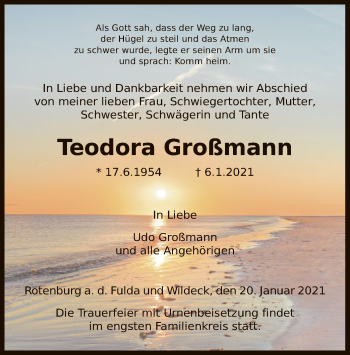 Traueranzeige von Teodora Großmann von HNA