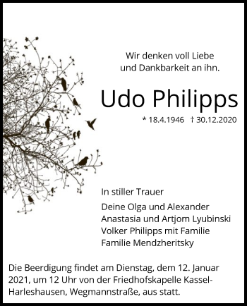 Traueranzeige von Udo Philipps von HNA