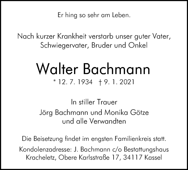  Traueranzeige für Walter Bachmann vom 14.01.2021 aus HNA