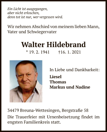 Traueranzeige von Walter Hildebrand von HNA