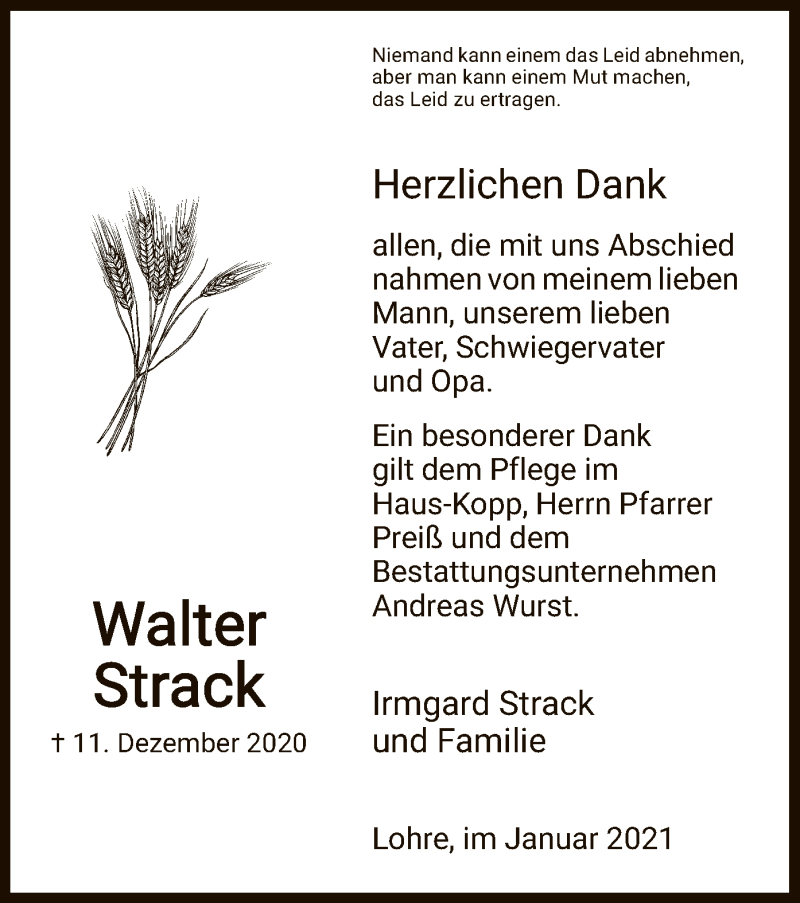  Traueranzeige für Walter Strack vom 16.01.2021 aus HNA