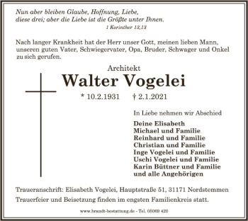 Traueranzeige von Walter Vogelei von HNA