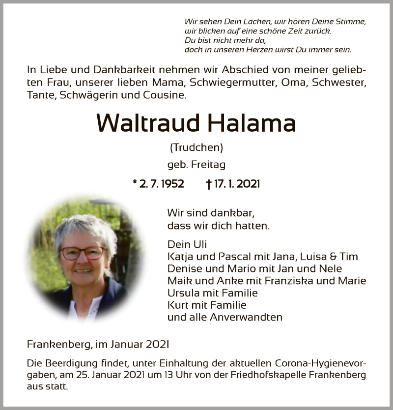  Traueranzeige für Waltraud Halama vom 21.01.2021 aus HNA