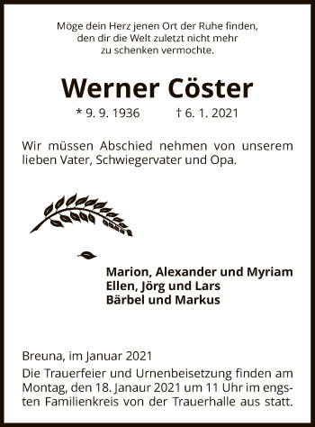 Traueranzeige von Werner Cöster von HNA