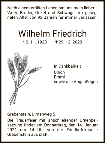 Traueranzeige von Wilhelm Friedrich von HNA