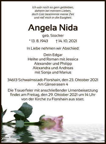 Traueranzeige von Angela Nida von HNA