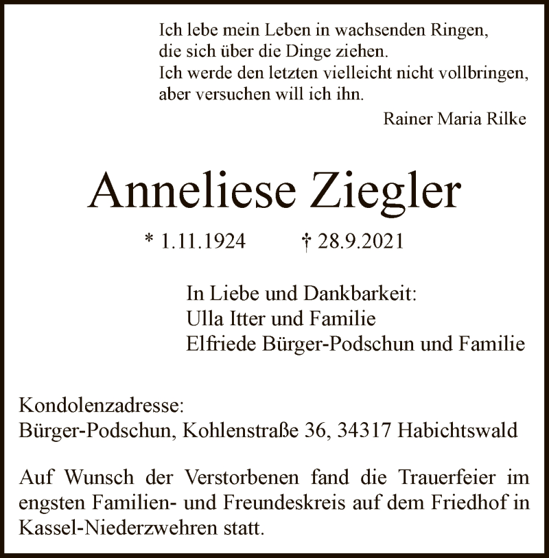  Traueranzeige für Anneliese Ziegler vom 16.10.2021 aus HNA