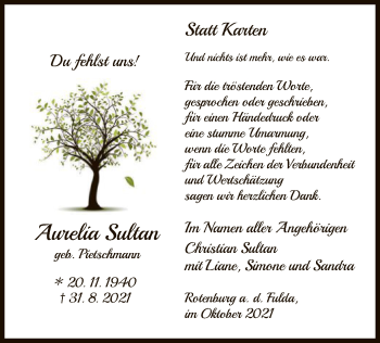 Traueranzeige von Aurelia Sultan von HNA
