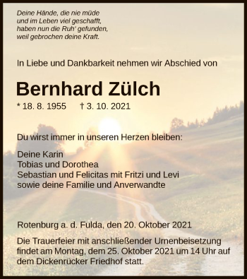 Traueranzeige von Bernhard Zülch von HNA